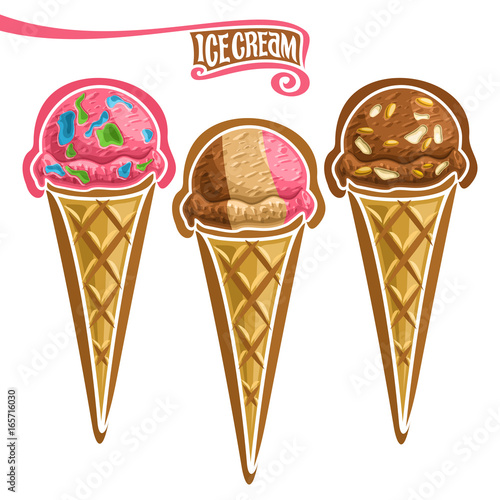 Vector set of Ice Cream in Waffle Cone: 3 wafer cones vibrant pink colors bubble gum ice cream, cold italian neapolitan gelato dessert, chocolate almond ice cream ball in waffle, rocky road with nuts.