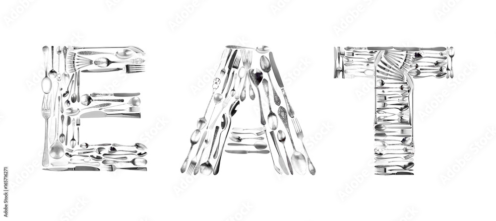 Word EAT made of cutlery on white background. Creative design