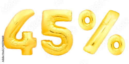 Golden forty five 45 percent made of inflatable balloons isolated on white background. One of full percentage set