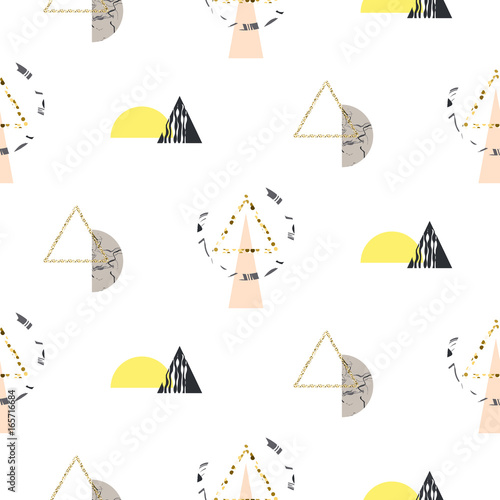 Marble memphis retro 80s seamless vector pattern. Abstract color blocks and elements in eighties fashion style. Geometry triangles on white with geo semisphere.