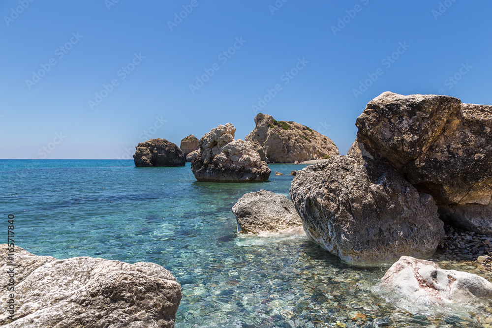 One of the most beautiful coastlines in Cyprus. Petra tou Romiou also called Aphrodite's Rock, Cyprus