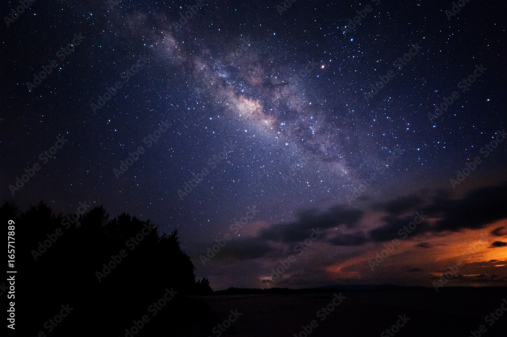 Starry night sky with milky way. Image contain visible noise due to high iso. soft focus due to wide aperture and long expose. Starry night sky with milky way. Image contain visible noise due to high iso. soft focus due to wide aperture and long expose.