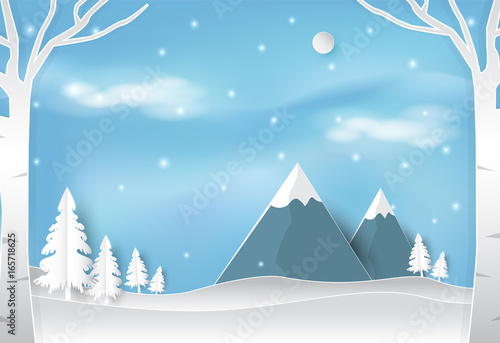 Winter and snow in forest with blue sky landscape nature background © kheat