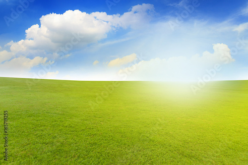 Beautiful landscape of Green meadow under blue sky with white clouds