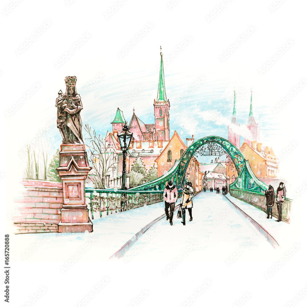 Obraz premium Cathedral Island or Ostrow Tumski with bridge, Cathedral of St. John and church of the Holy Cross and St. Bartholomew in Wroclaw, Poland. Hand drawn picture made markers and liner
