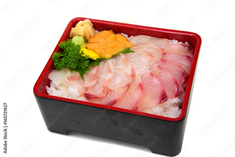 Hamachi Madai Uni Don : Japanese Donburi with mixed raw fish isolated on white background with Clipping path Hamachi Madai Uni Don : Japanese Donburi with mixed raw fish isolated on white background with Clipping path