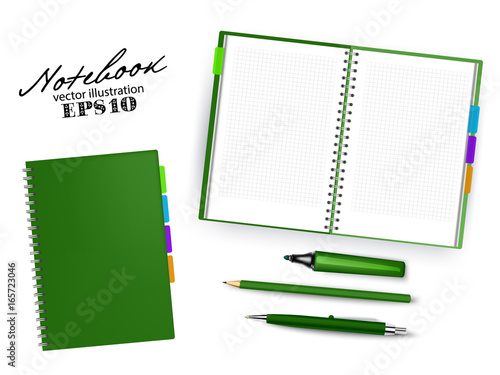 Blank dark green open and closed copybook template with Pen, pencil and permanent marker.Set of vector illustration stationery isolated on white background.
