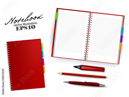 Blank dark red open and closed copybook template with Pen, pencil and permanent marker.Set of vector illustration stationery isolated on white background.
