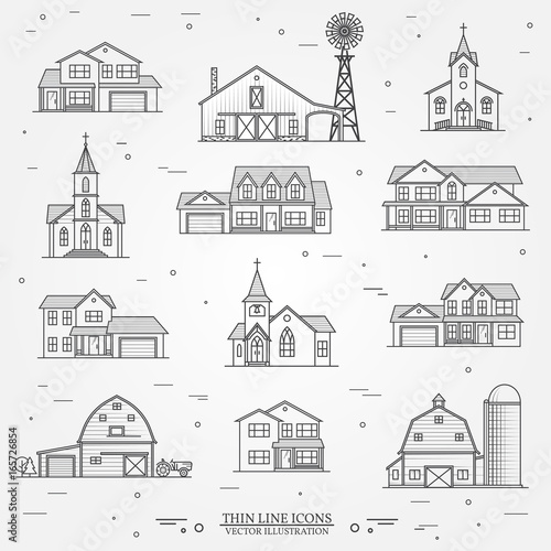 Set of vector thin line icon suburban american houses.