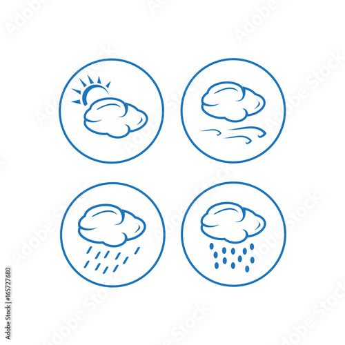 set of weather icons, sunny, rainy, snowly, windy, isolated on white background.