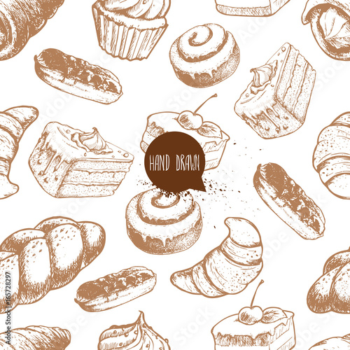 Seamless vector pattern with bakery goods. Cream roll, chocolate eclair, iced cinnamon bun, cupcake, cake and croissant.