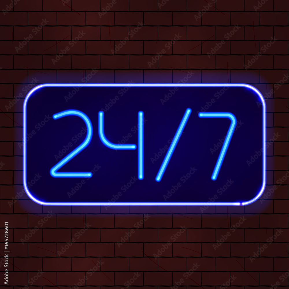 Fototapeta premium Working all day and night glowing board. Neon sign vector illustration