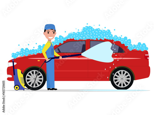 Vector illustration of a cartoon man washes a car