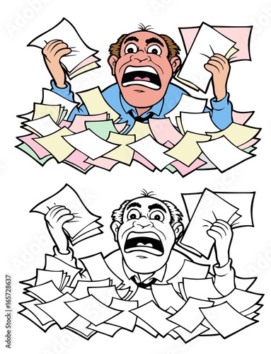 Upset man up to his neck in bills and paperwork
