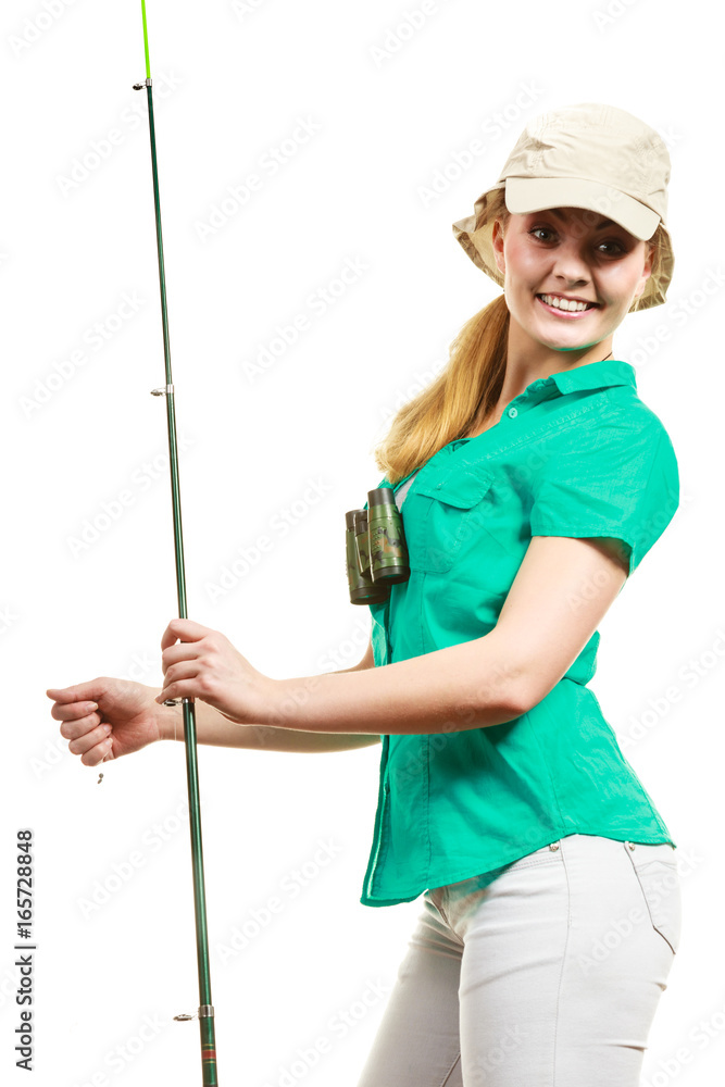 Woman with fishing rod, spinning equipment Woman with fishing rod, spinning equipment