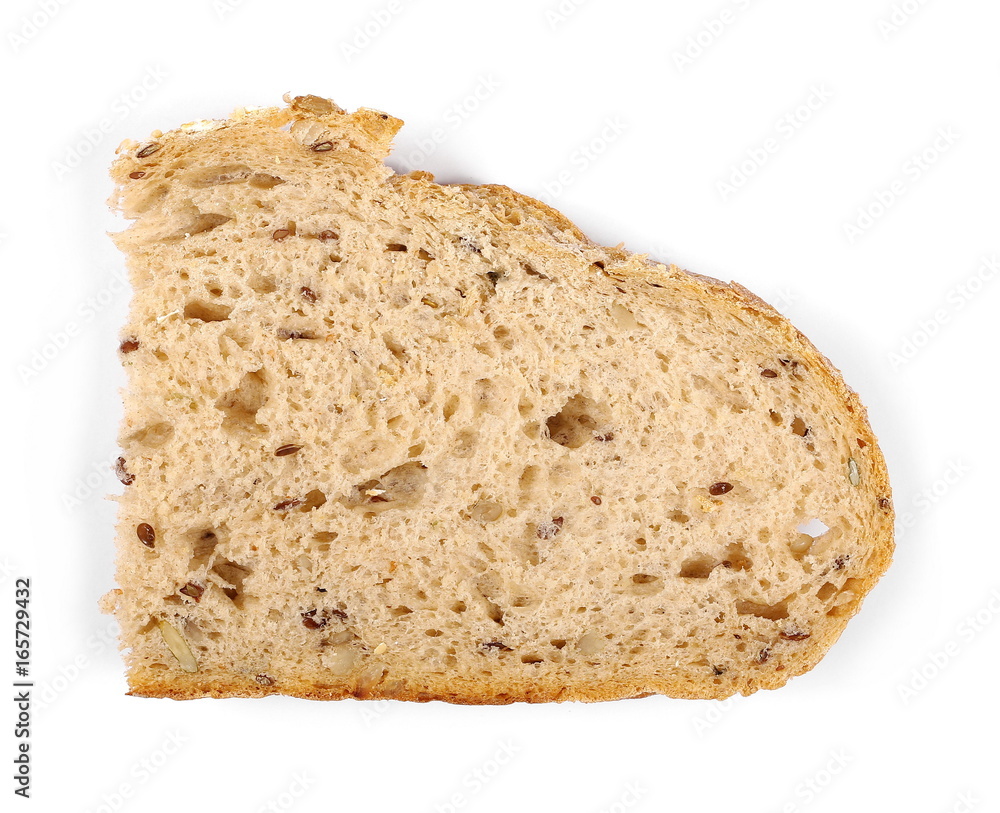 Whole wheat bread slice without additives, isolated on white background, top view Whole wheat bread slice without additives, isolated on white background, top view