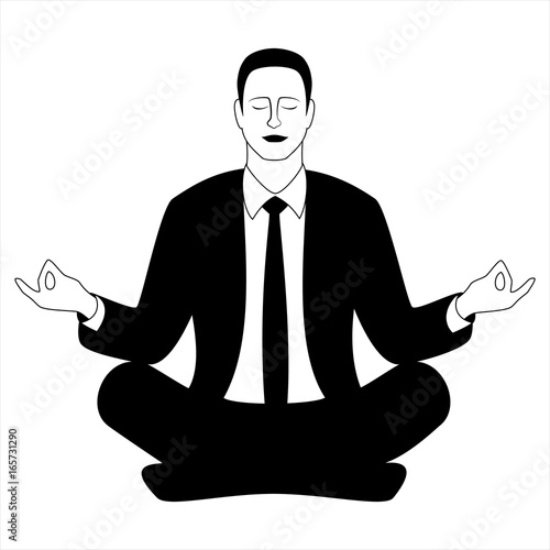 Business man sitting in the padmasana lotus pose. Office worker meditating, relaxing or doing yoga after stress and work day. Concept template vector illustration isolated on white background.