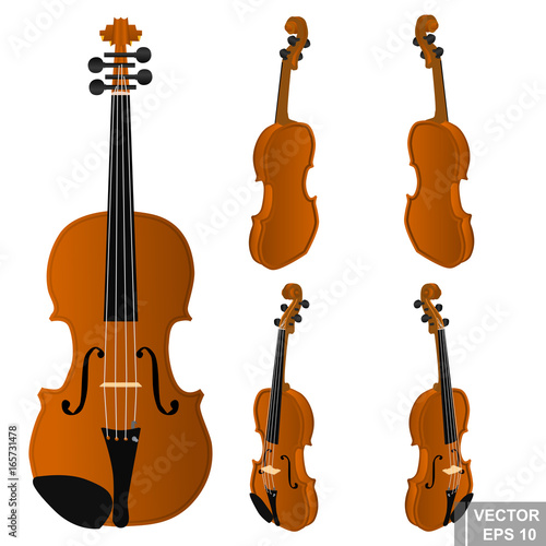 Set of violins. Musical instrument. Realistic. Isolated on white background.