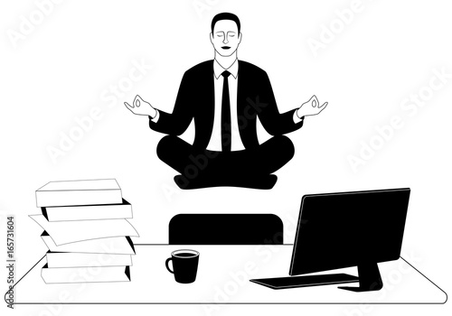 Business man levitate in the padmasana lotus pose. Office worker meditating, relaxing or doing yoga after stress and work day. Concept template vector illustration isolated on white background.