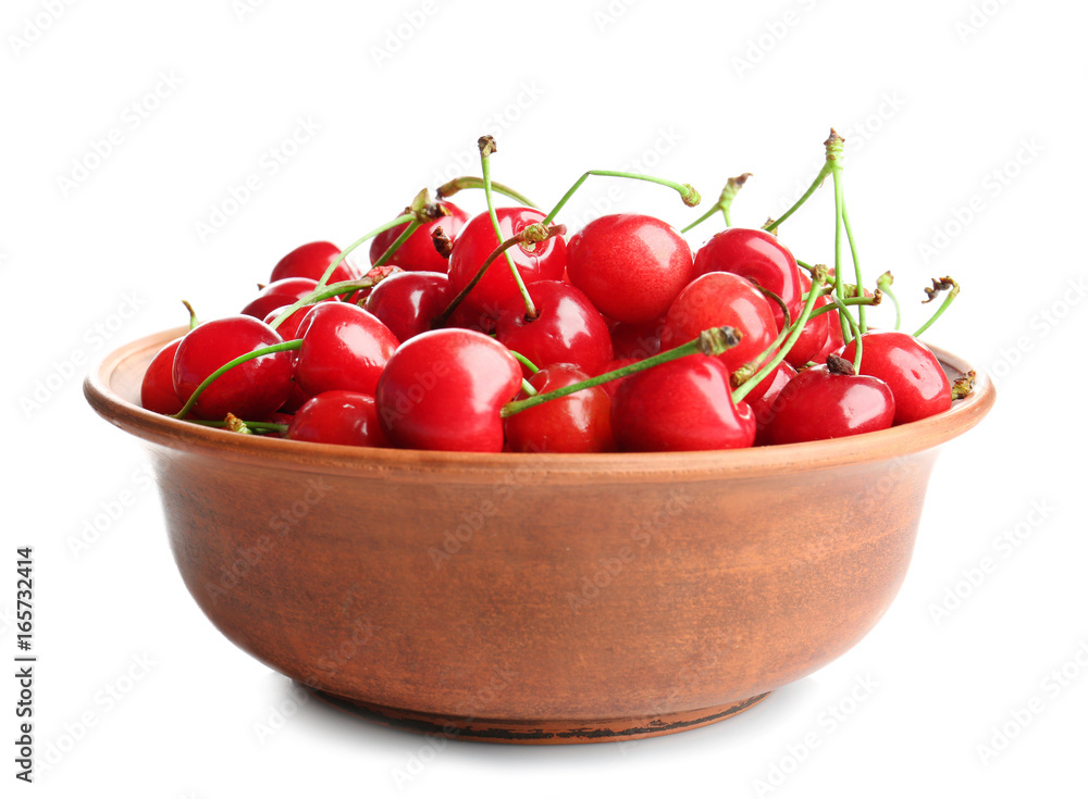 Bowl with fresh ripe cherries on white background Bowl with fresh ripe cherries on white background