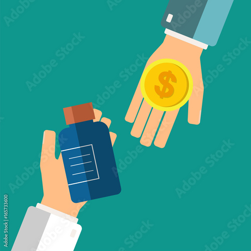 Medical treatment concept. Buying pills. Pharmacist giving bottle with pills to patient. Hand hold pills. vector illustration.