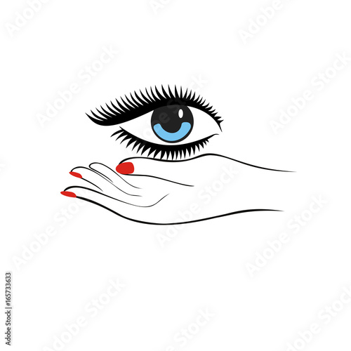 Female hand hold eye. Fashion concept. Eye protection or eye doctor concept. Vector Illustration