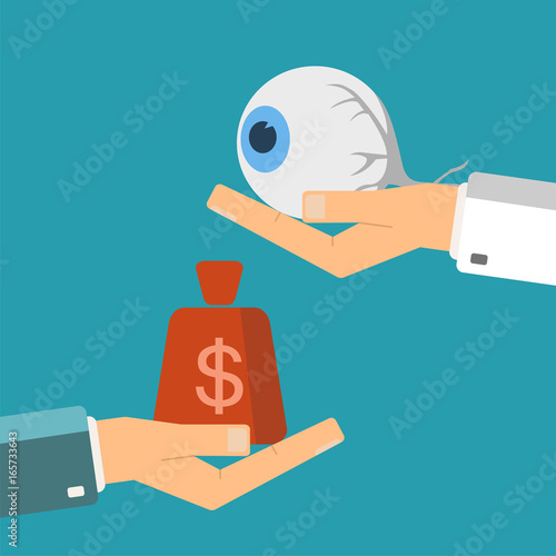 Hand of patient with money and a human eye in doctor hands. Transplant, buying or treatment eye. Healthcare concept. Vector