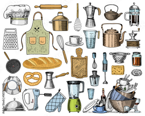 Apron or pinaphora and Hood, rolling pin and saucepan or corolla, wooden board. Chef and dirty kitchen utensils, cooking stuff for menu decoration. engraved hand drawn in old sketch and vintage style.