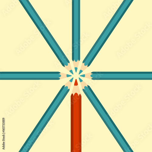 Teamwork, competition, partnership concept for business. Multicolored pencils are placed in a circle. Vector.