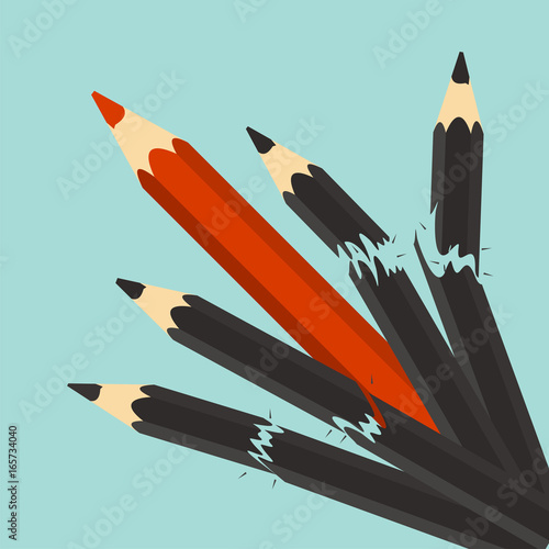 Competition concept. Leadership. Red pencil and broken black pencils. Vector illustration.