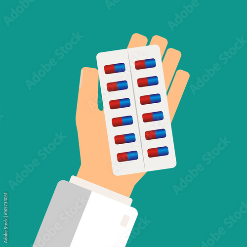 Medical treatment concept. Buying pills. Pharmacist giving medicine pills. Hand hold pills. vector illustration.