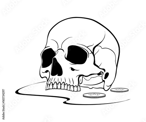 Black graphic drawing of the upper part of the human skull without the lower jaw with coins. Vector, isolated on background.