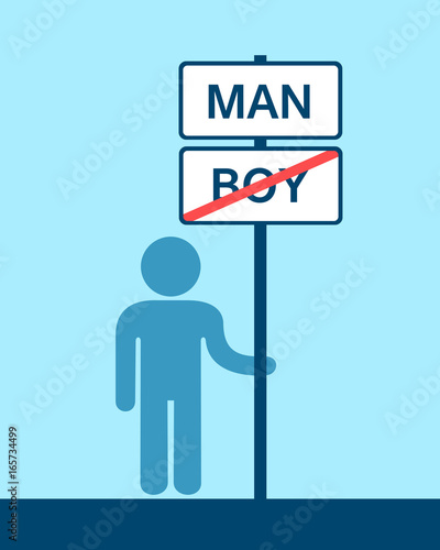 Man is next to the traffic sign - transition and passage of immature child into mature adult, losing youth and gaining manhood