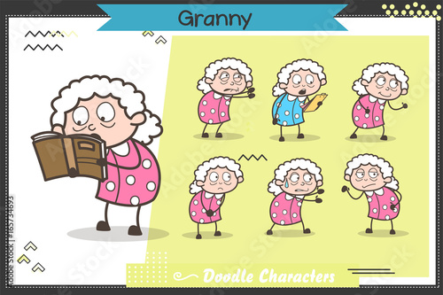 Cartoon Old Lady Characters Many Expressions and Poses Set Vector Illustration