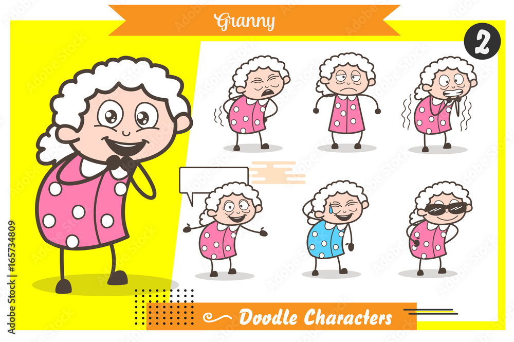 Cartoon Grandmother Character Different Poses and Face Expressions Vector Set Cartoon Grandmother Character Different Poses and Face Expressions Vector Set