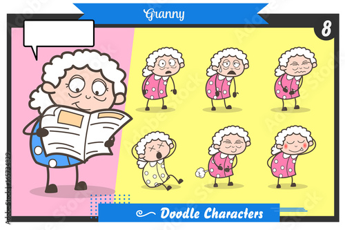 Cartoon Old Lady Face Expressions and Poses Vector Set