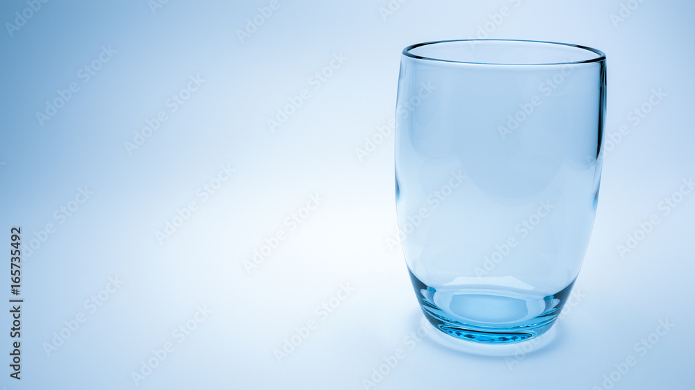 3d render of empty water glass on right with blue light