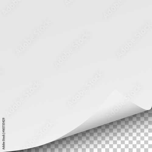 Sheet of white paper with curled lower right corner and transparent next page - template design. Element with space for text, copy and ad. Vector illustration.