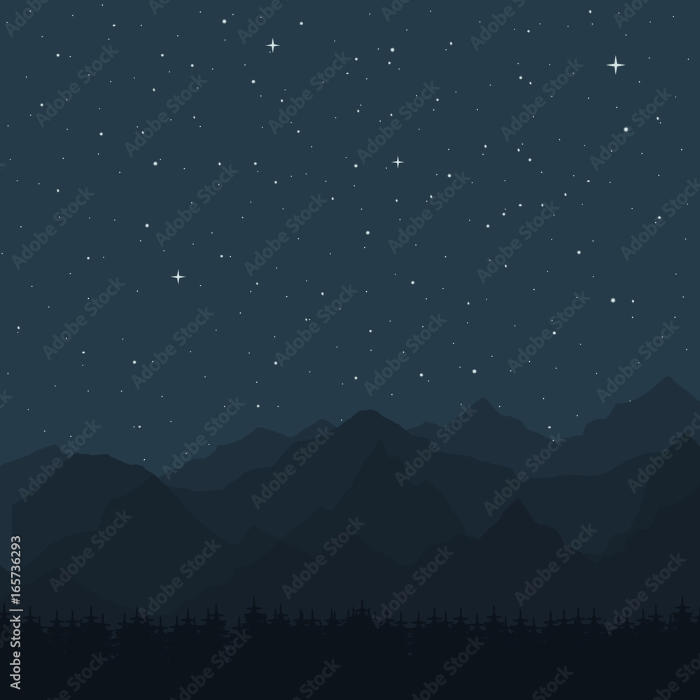 Night landscape. Silhouettes of mountains and forests