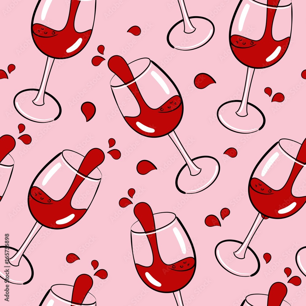 Seamless Pattern with Wine Glasses, hand drawn vector illustration, can