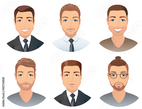 Different hairstyles for men. Collection of male images with beards mustache, glasses, isolated, vector illustration