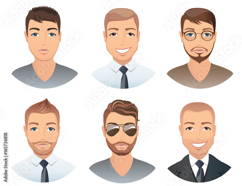 Different hairstyles for men. Collection of male images with beards mustache, glasses, isolated, vector illustration