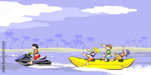 Banana boat group of friends having fun on summer vacation
