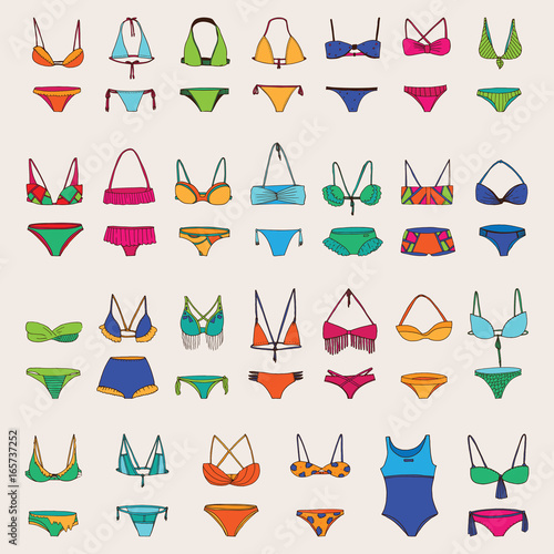 Vector hand drawn set with various women swimsuits. Bright colors and dark outline for different bikini collection. Fashion summer drawing with imperfections.