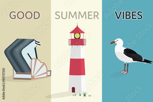 Summertime. North Sea at the beach with lighthouse, roofed wicker beach chair and sea gull.