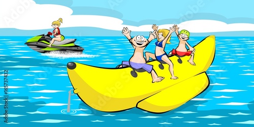 Banana boat group of friends having fun on summer vacation