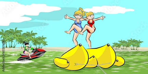 Banana boat group of friends having fun on summer vacation