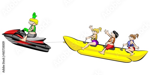 Banana boat group of friends having fun on summer vacation - isolated on white