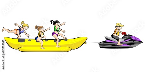 Banana boat group of friends having fun on summer vacation - isolated on white