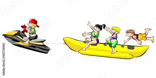 Banana boat group of friends having fun on summer vacation - isolated on white